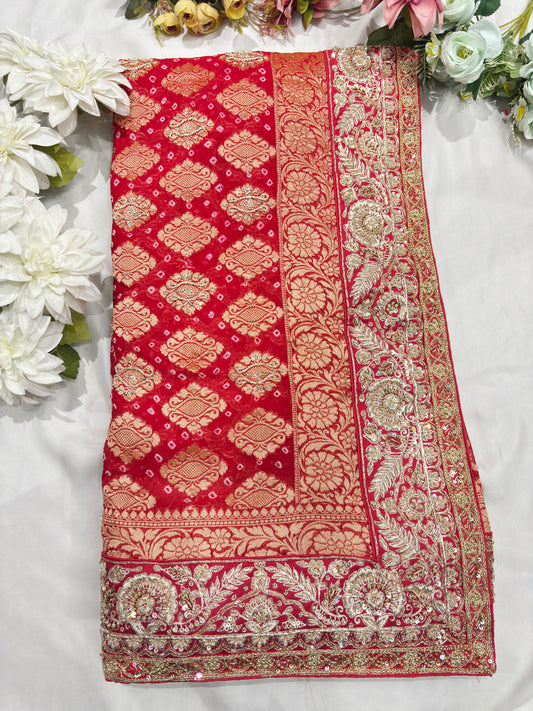 Red Banarasi Khaddi Georgette Saree with Heavy Zari Embroidered Border