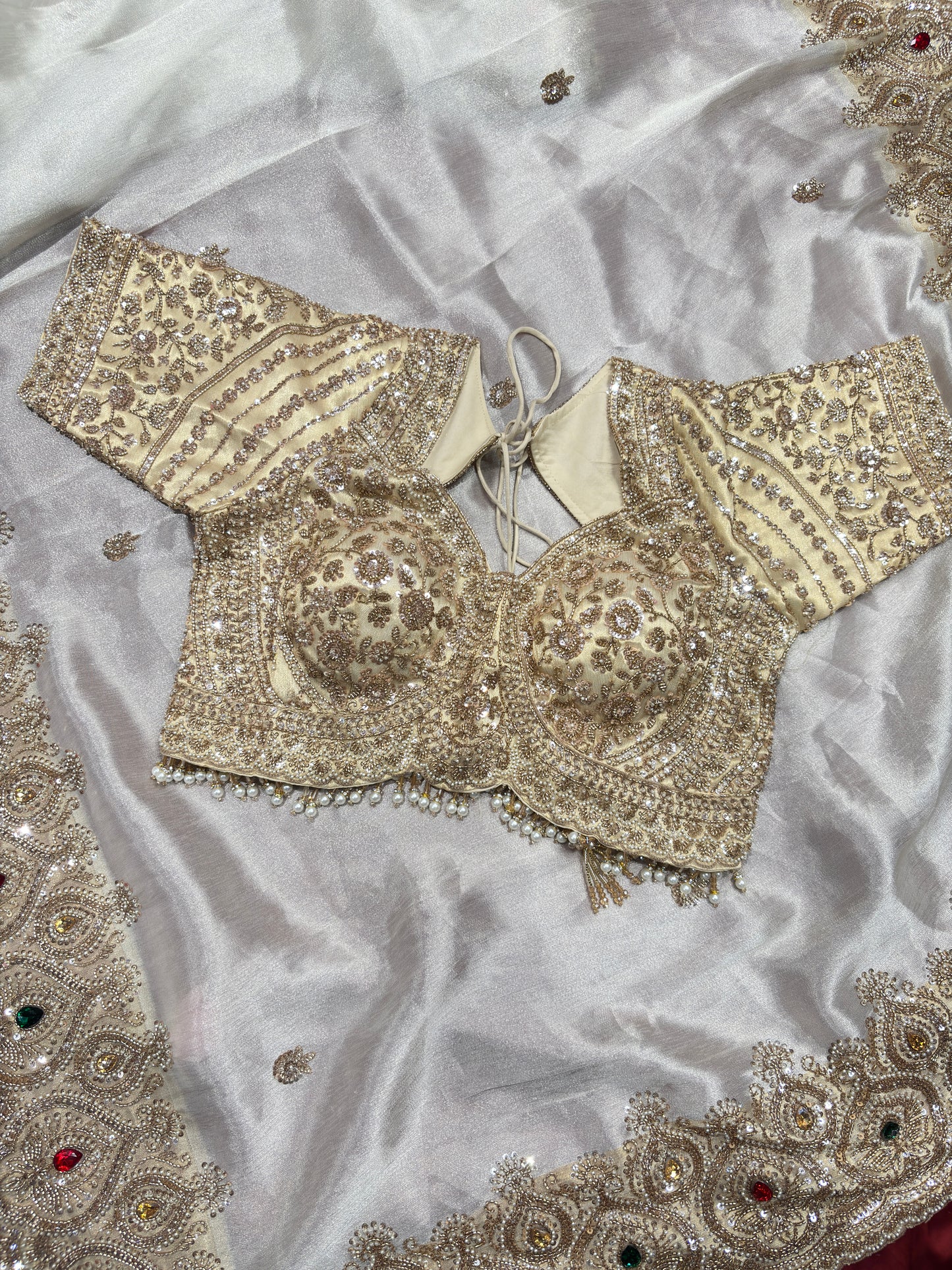 Tissue Ivory Designer Bridal Saree with Heavy Handwork Blouse