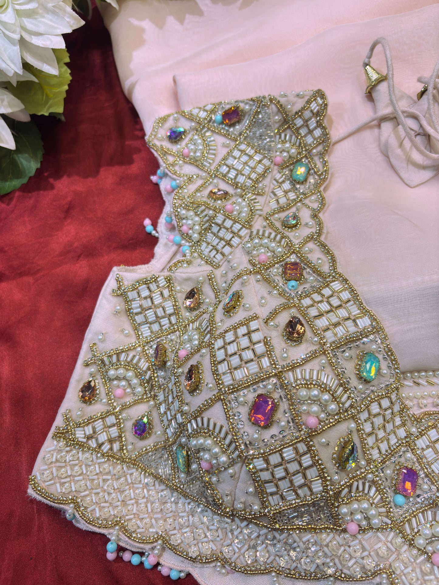 Glass Tisuue Baby Pink Designer Saree with Heavy Pearl & Ruby Work Blouse