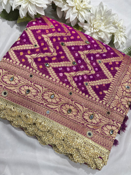 Purple Khaddi Georgette Bandhani Saree with Zari Weaving Mirror Work