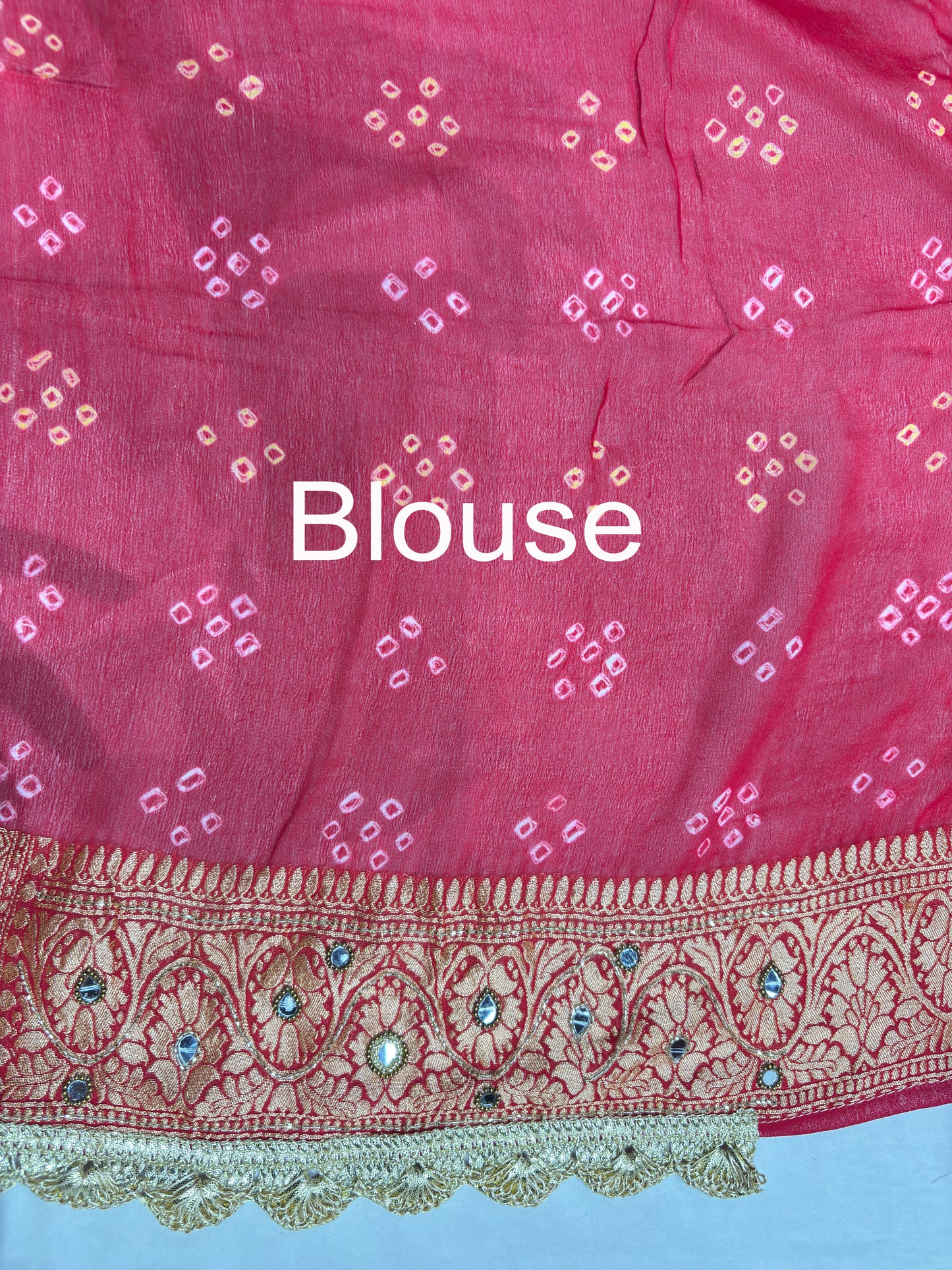 Khaddi Georgette Red Bandhani Saree with Zari Weaving Mirror Work