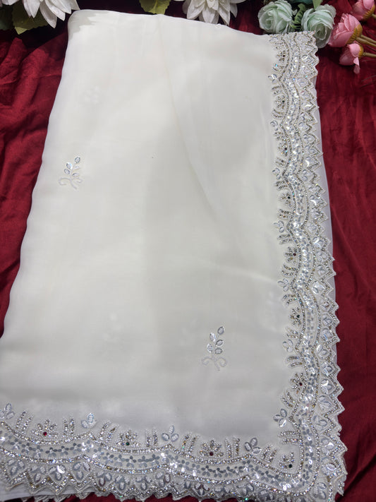 White Handwork Georgette Saree Premium Sequins & Cutdana Border