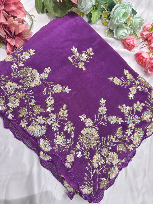 Purple Silk Handwork Saree Premium Floral Sequins Designer Saree