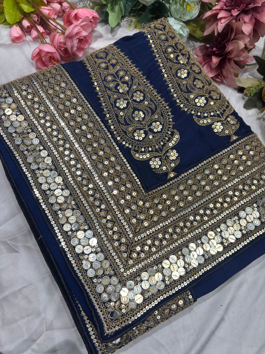Silk Blue Sequins Work Designer Saree with Heavy Embroidered Border