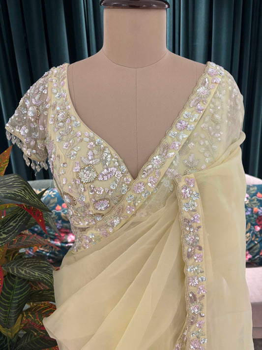 Pastel Lemon Embroidered Saree with Designer Blouse