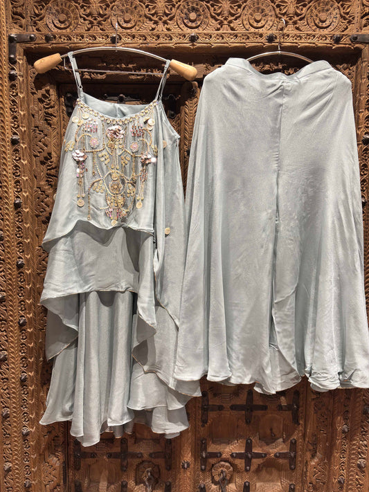 Silver Grey Embroidered Layered Ruffle Top & Palazzo Set