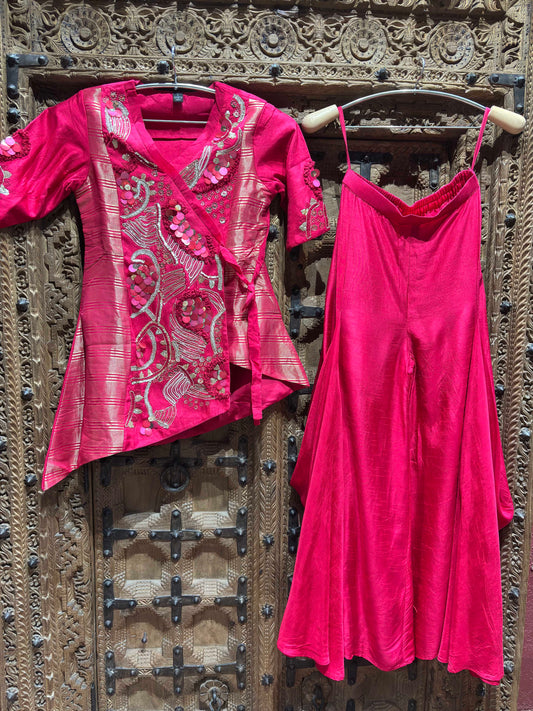 Rani Pink Embroidered Asymmetric Wrap Top & Flared Palazzo Set for Women