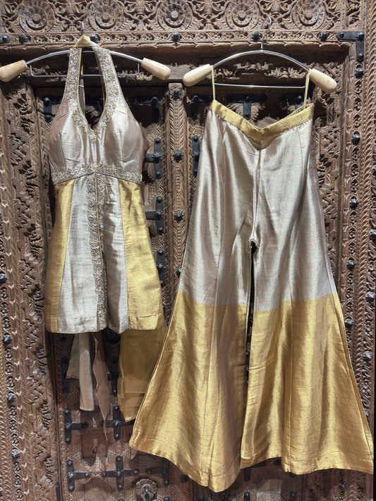 Silver & Gold Embroidered Halter Neck Top & Flared Palazzo Set for Women