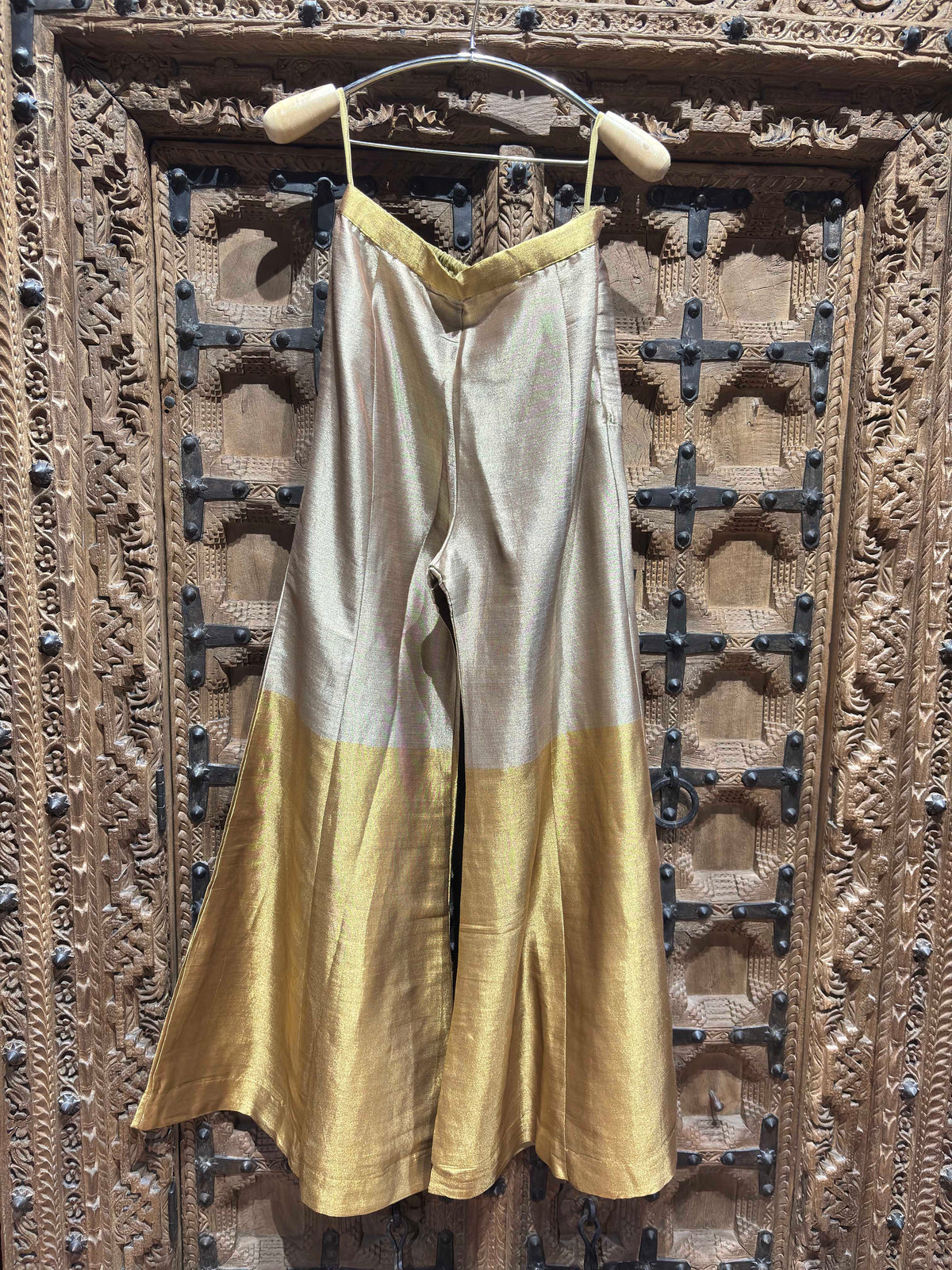 Silver & Gold Embroidered Halter Neck Top & Flared Palazzo Set for Women