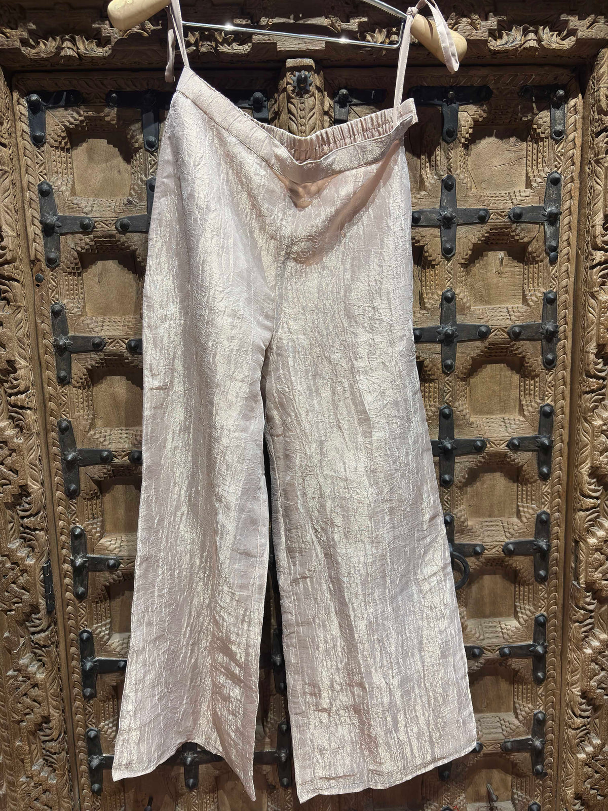 Champagne Gold Embroidered Halter Neck Top with Shimmer Palazzo Set for Women