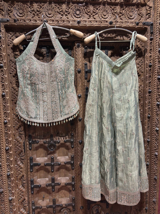 Sage Green Embroidered Halter Neck Top with Shimmer Palazzo Set for Women