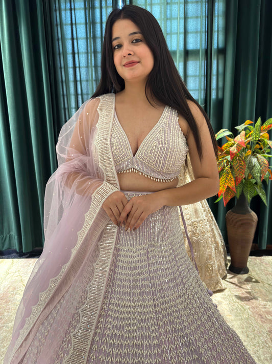 Lavender Embroidered Lehenga with Beaded Choli & Tassel Dupatta