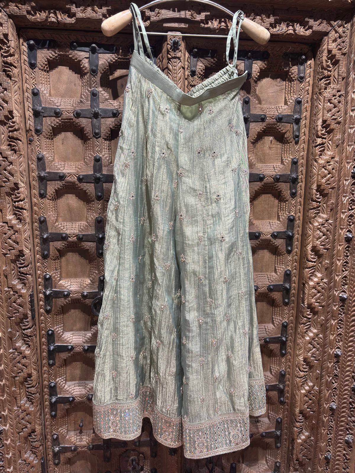 Sage Green Embroidered Halter Neck Top with Shimmer Palazzo Set for Women