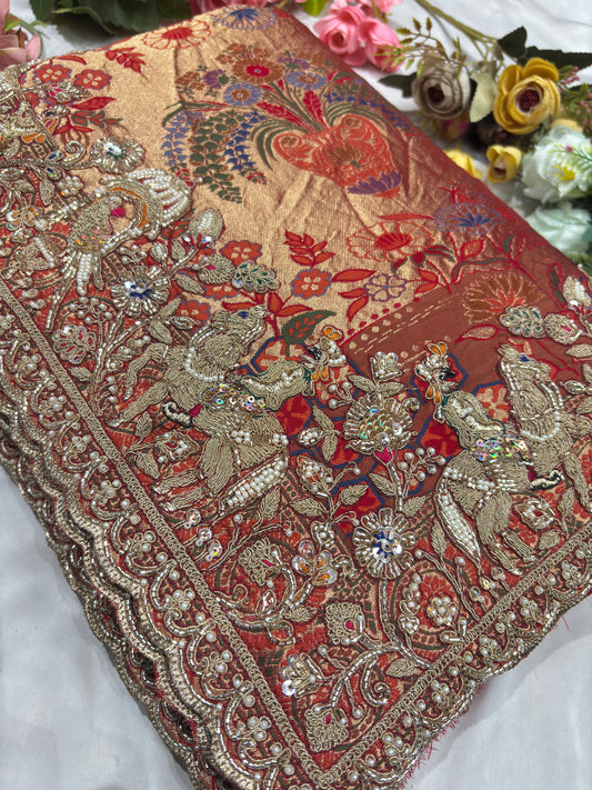 Bandhani Saree with Royal Peacock Weaving & Hand Embroidered