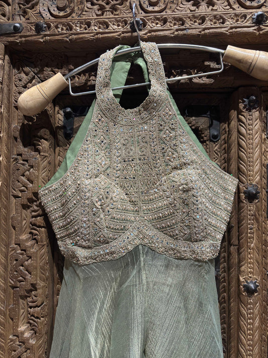 Halter Neck Layered Top with Shimmer Palazzo Set for Women