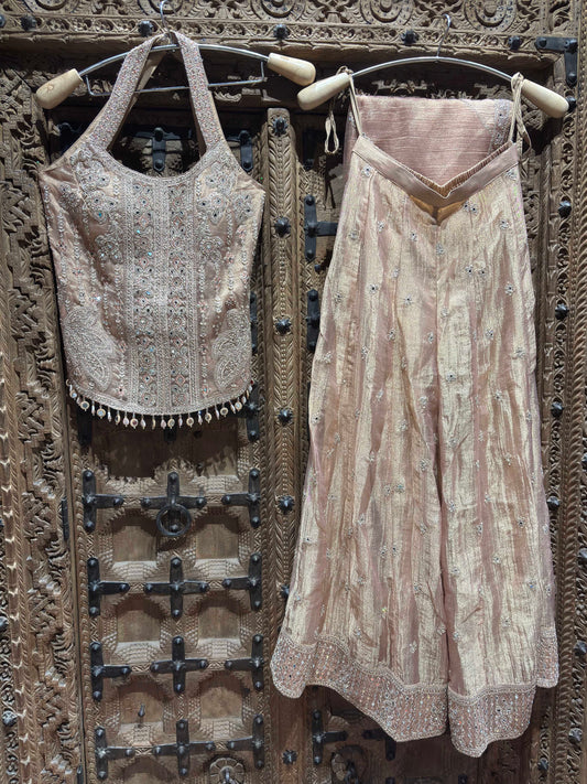 Blush Pink Floral Embroidered Sleeveless Top with Shimmer Palazzo Set for Women