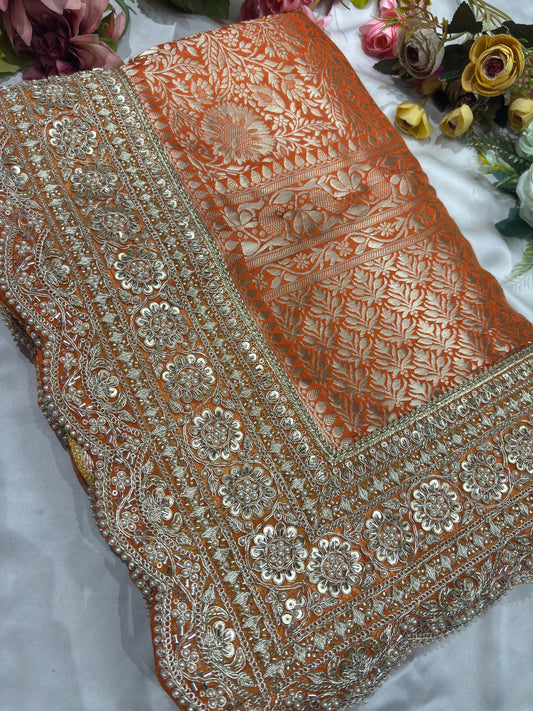 Luxury Orange Saree with Floral Weaving & Pearl Embroidered Border