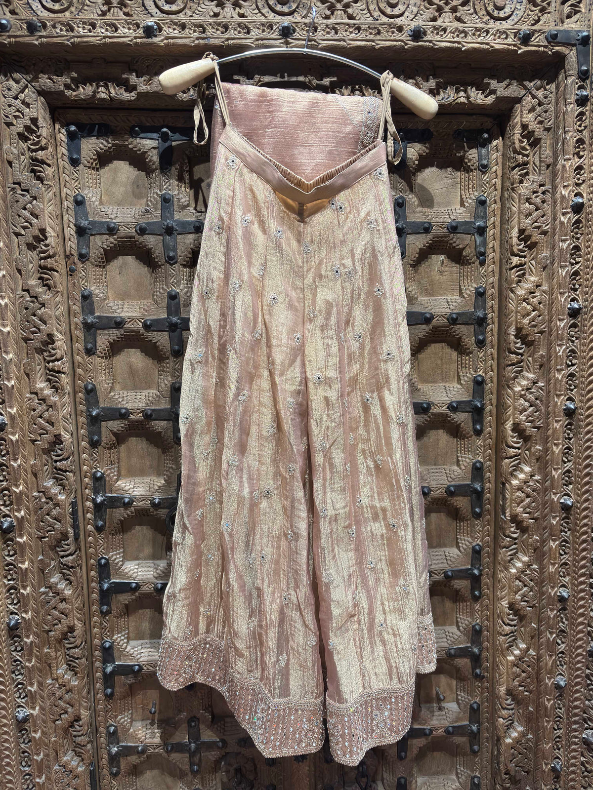 Blush Pink Floral Embroidered Sleeveless Top with Shimmer Palazzo Set for Women