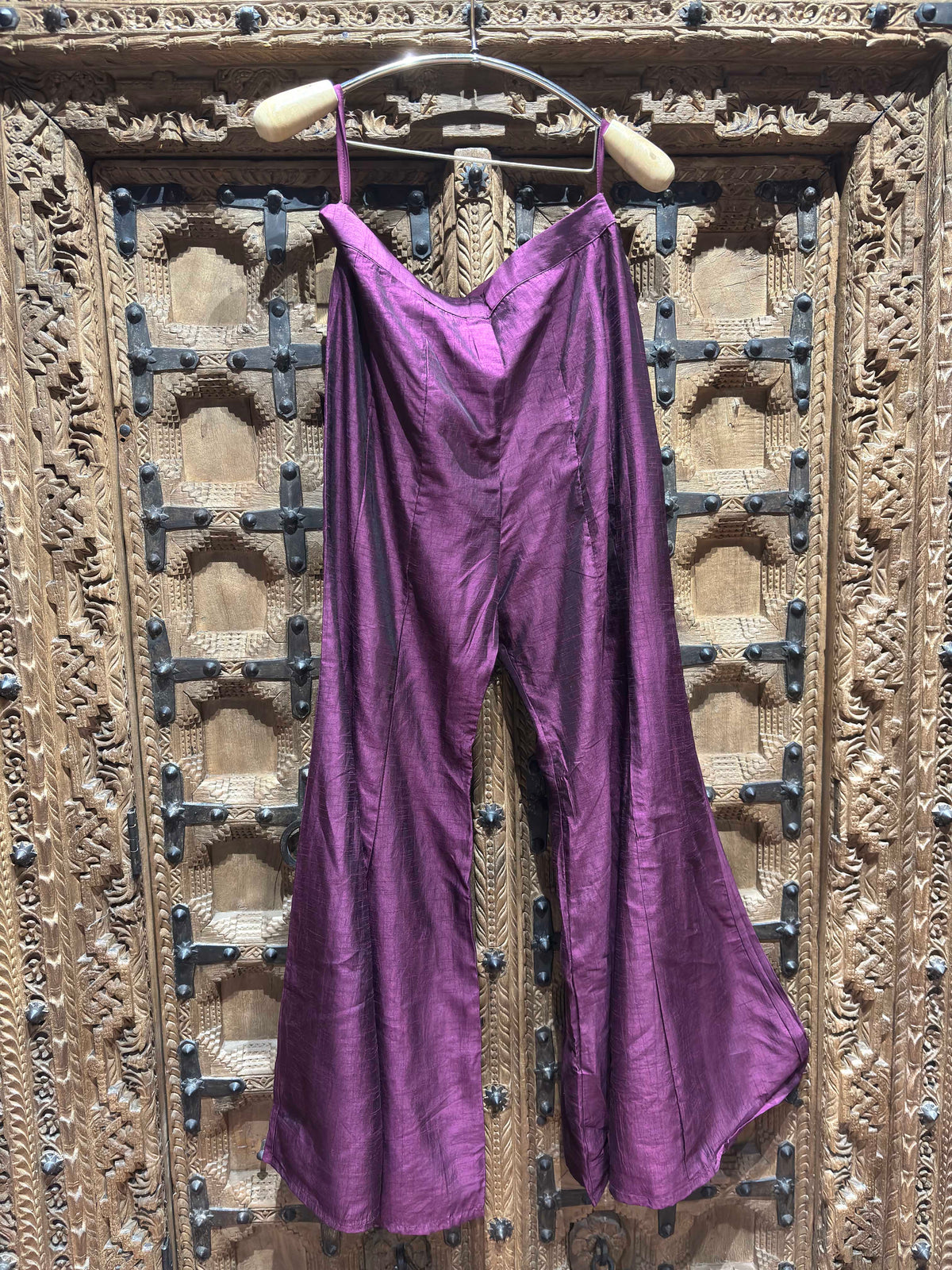 Deep Purple Embroidered Jacket Style Crop Top with Flared Palazzo Set for Women