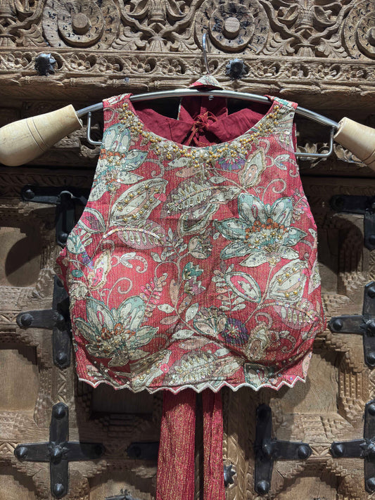 Rose Pink Floral Embroidered Crop Top with Shimmer Palazzo and Dupatta Set for Women