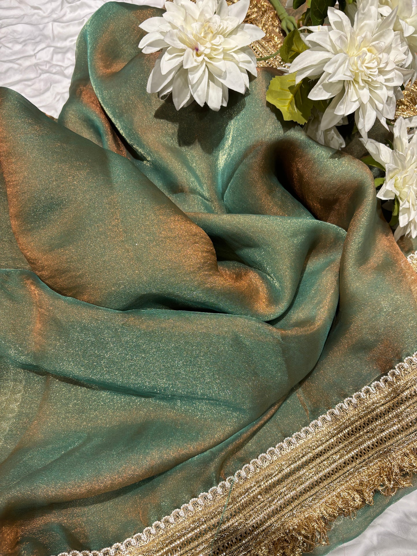 Dual Tone Olive Green Tissue Saree with Heavy Zari Embroidered Border