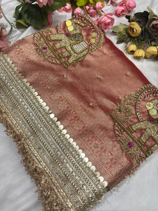 Saree with Handcrafted Elephant Motif Embroidery & Sequined Border