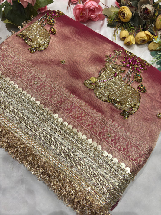 Handcrafted Nandi Motif Designer Saree with Zari Border & Sequin Work