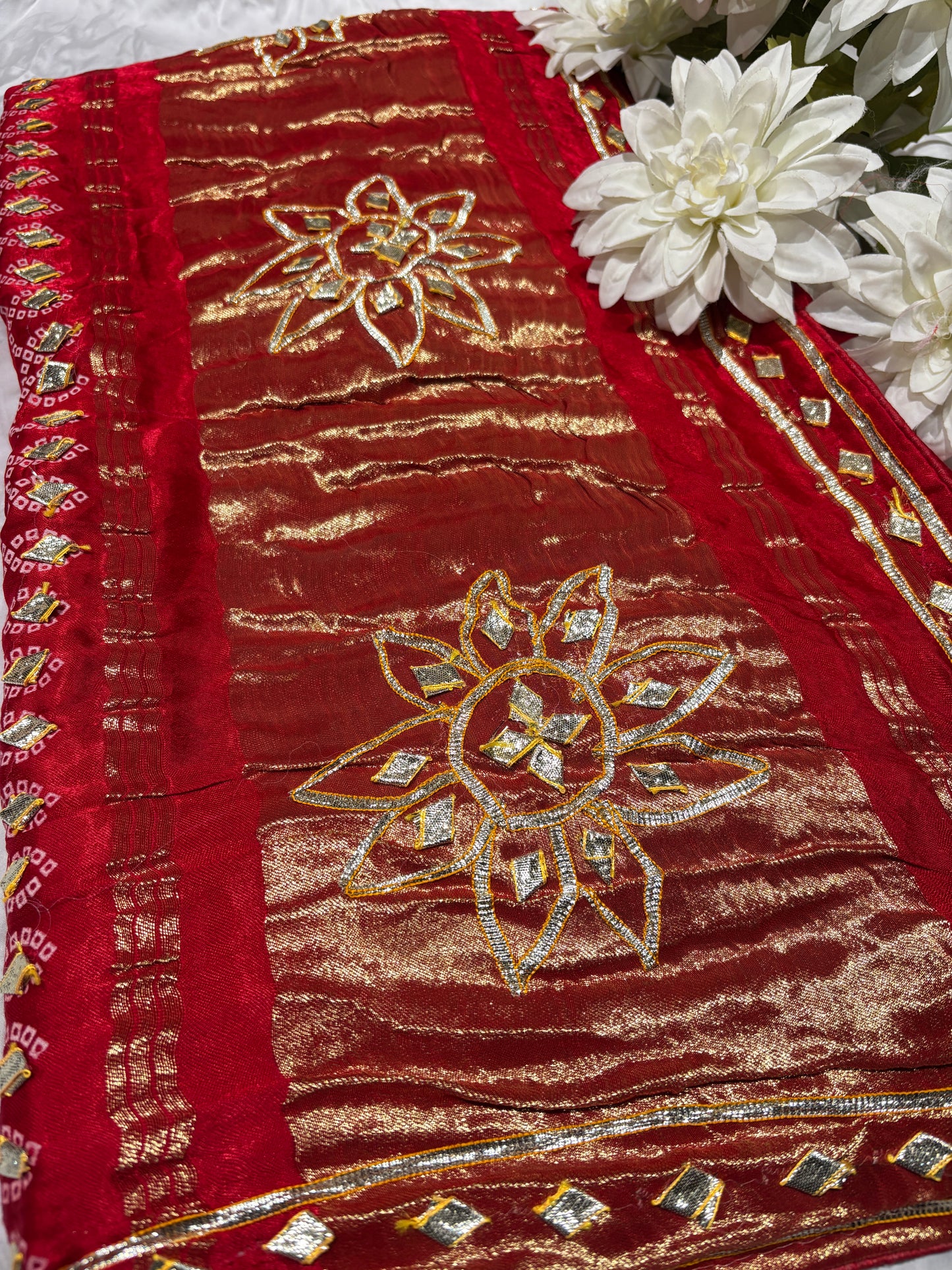 Traditional Red Banarasi Style Saree with Golden Zari Floral Design