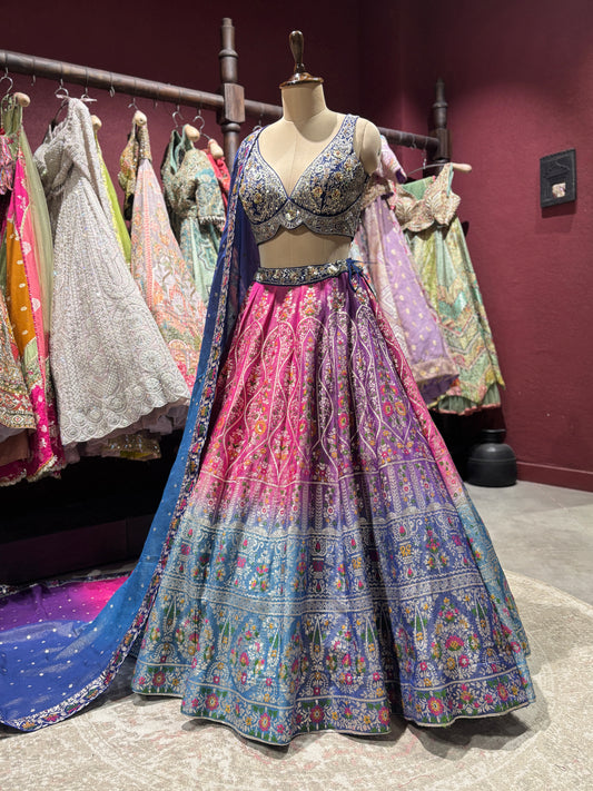 Multicolor Designer Lehenga with Blue Dupatta and Embroidered Blouse