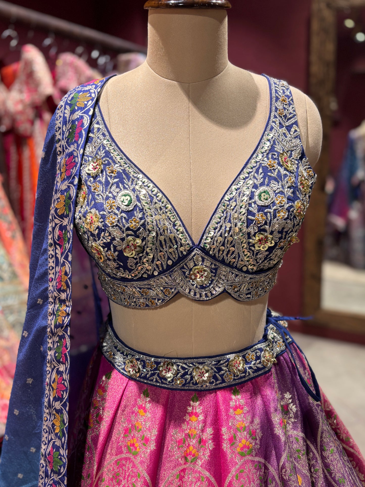 Multicolor Designer Lehenga with Blue Dupatta and Embroidered Blouse
