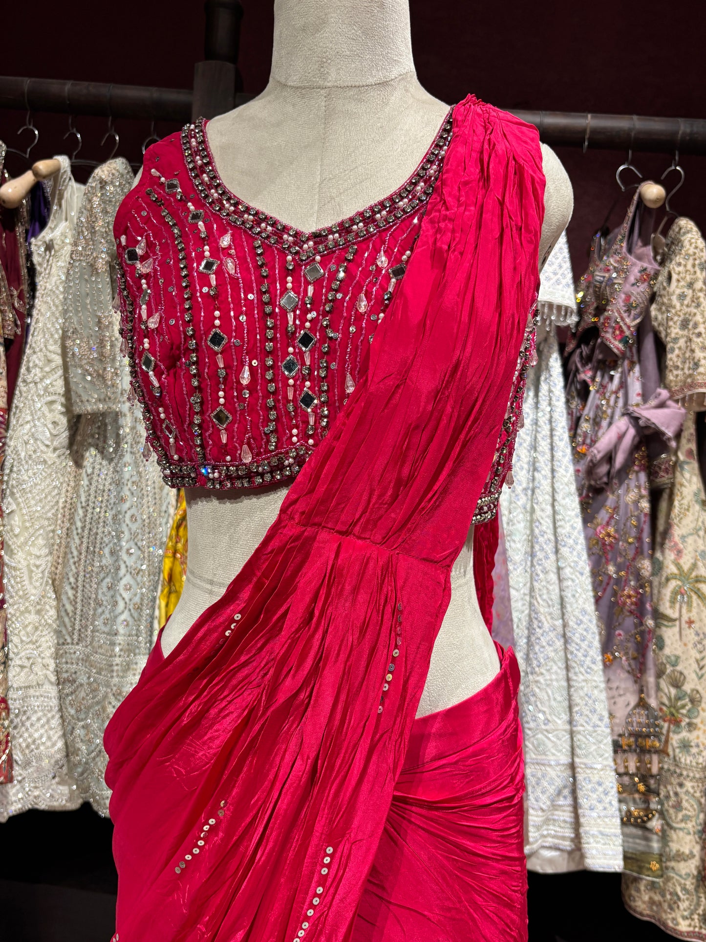 Fuchsia Pink Designer Drape Saree with Mirror Embellished Blouse