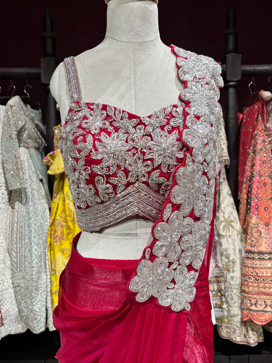 Ruby Pink Designer Drape Saree with Silver Floral Embroidered Blouse