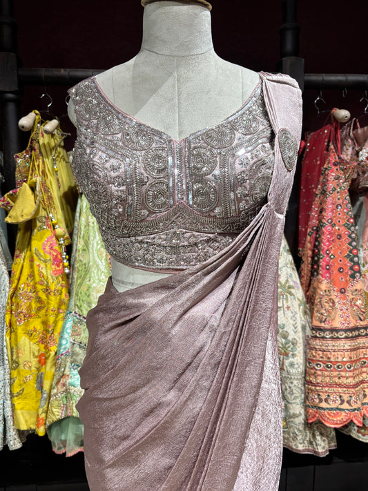 Dusty Rose Shimmer Drape Saree with Hand-Embroidered Designer Blouse