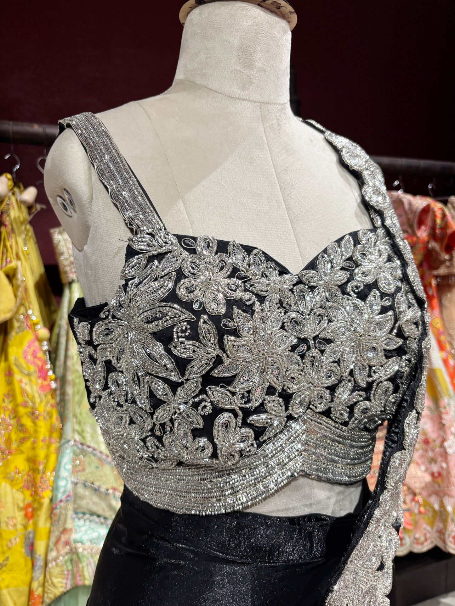 Black Designer Drape Saree with Silver Floral Embroidered Blouse