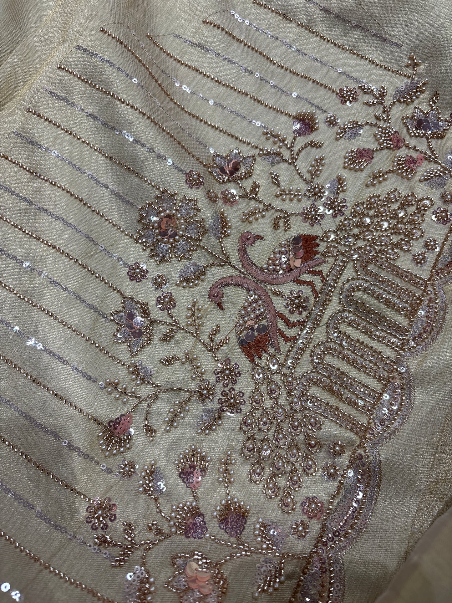 Elegant Ivory Silk Saree with Peacock & Floral Hand Embroidery