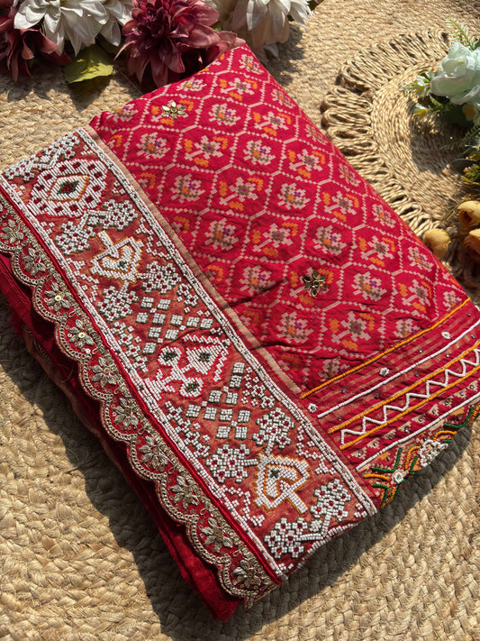 Royal Red Patola Designer Saree with Intricate Beadwork