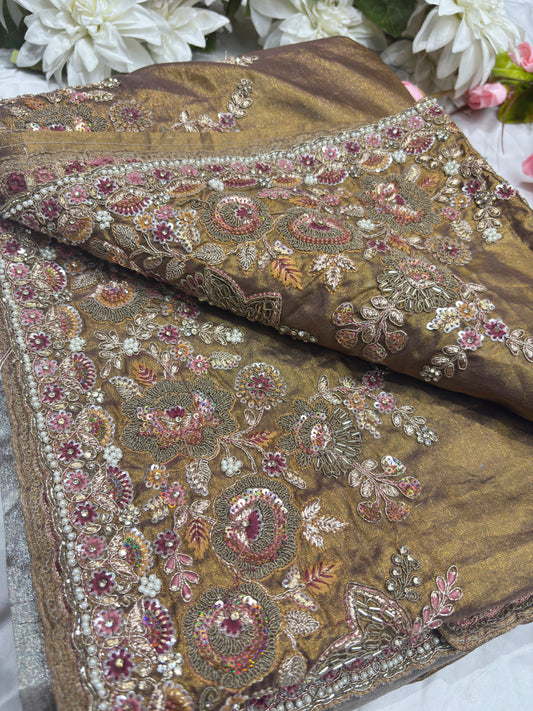 Luxury Antique Gold Saree with Heavy Floral Butterfly Embroidery