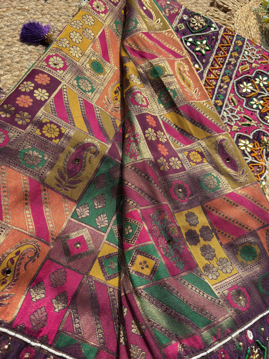 Royal Purple Multicolour Patola Inspired Designer Saree with Floral Embroidery Work