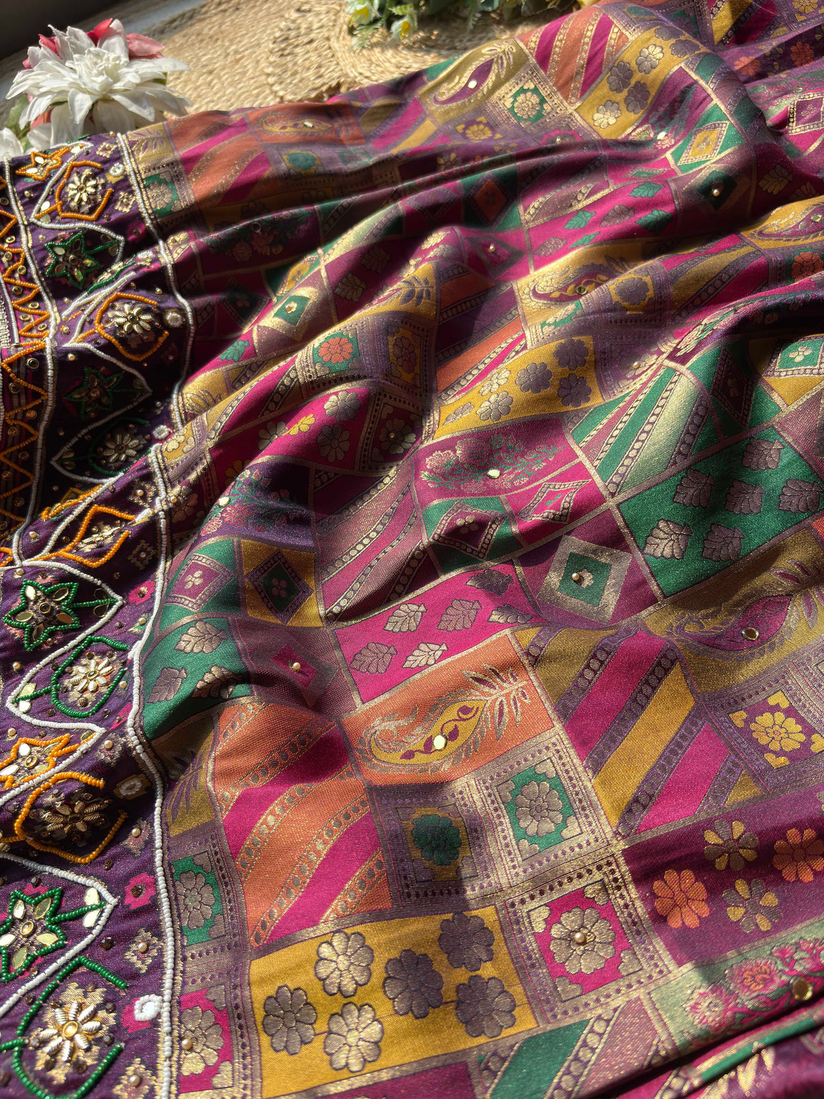Royal Purple Multicolour Patola-Inspired Designer Saree with Floral Embroidery, Mirror Work, Geometric Motifs and Scalloped Lace Border