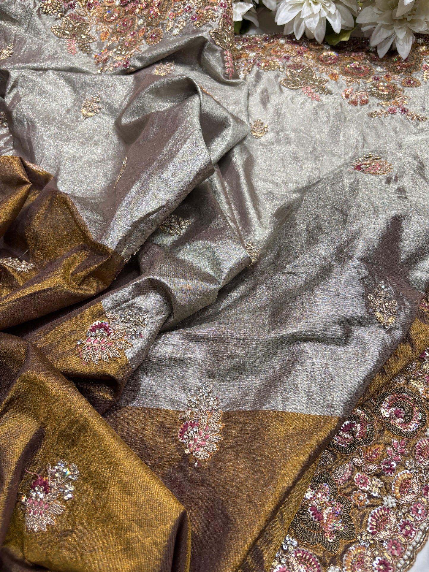 Luxury Antique Gold Saree with Heavy Floral Butterfly Embroidery