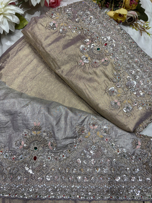 Luxury Champagne Gold Saree with Heavy Sequin, Pearl & Zari Embroidery