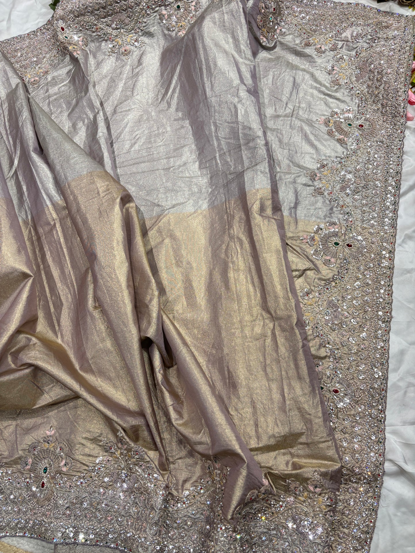 Luxury Champagne Gold Saree with Heavy Sequin, Pearl & Zari Embroidery