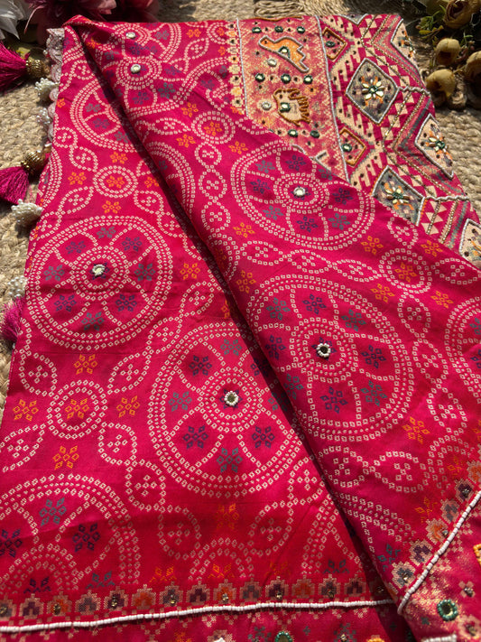 Rani Pink Bandhani Designer Saree with Traditional Elephant Motifs Work