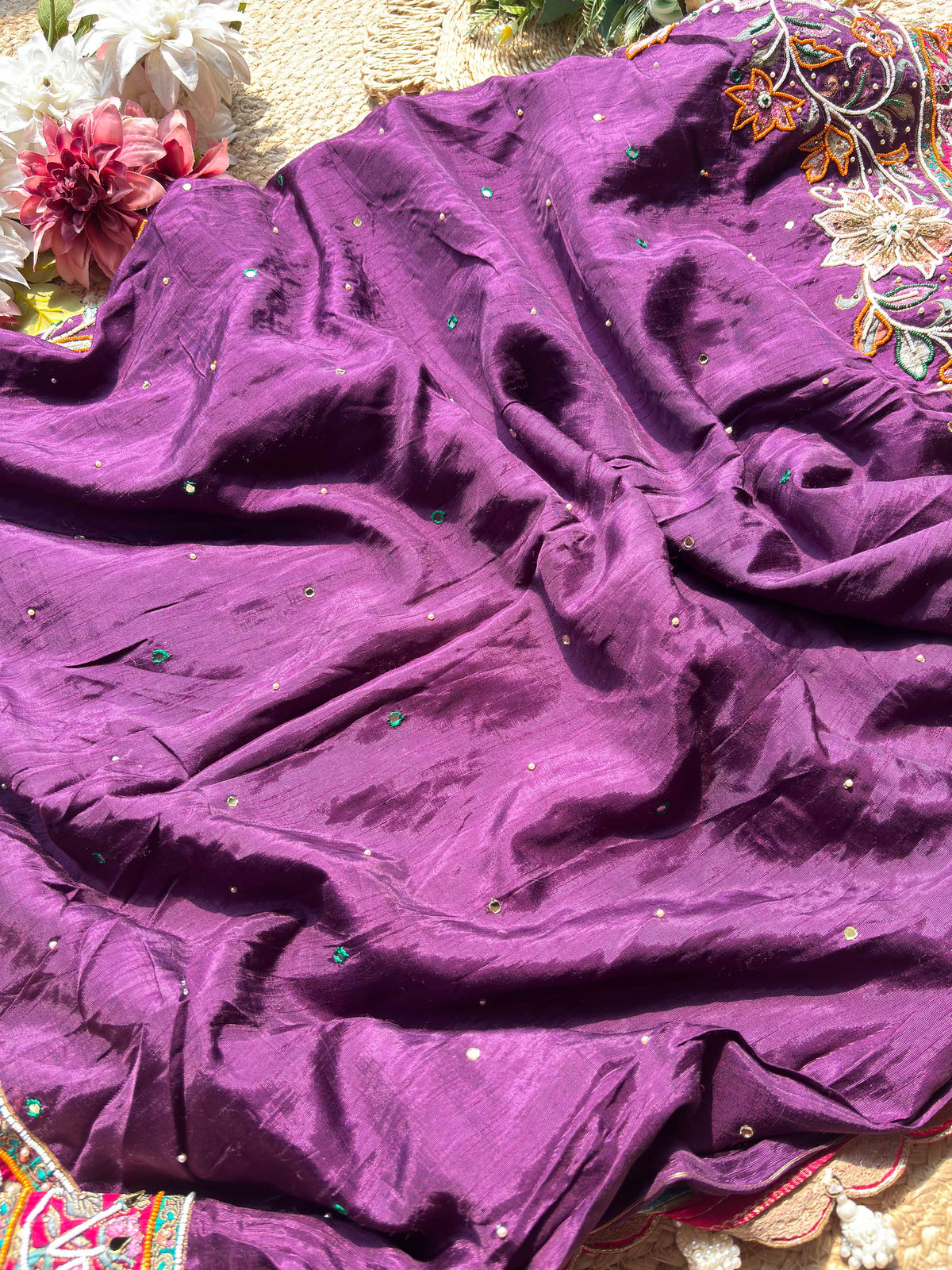 Wine Designer Patola Saree with Intricate Floral Embroidery Work
