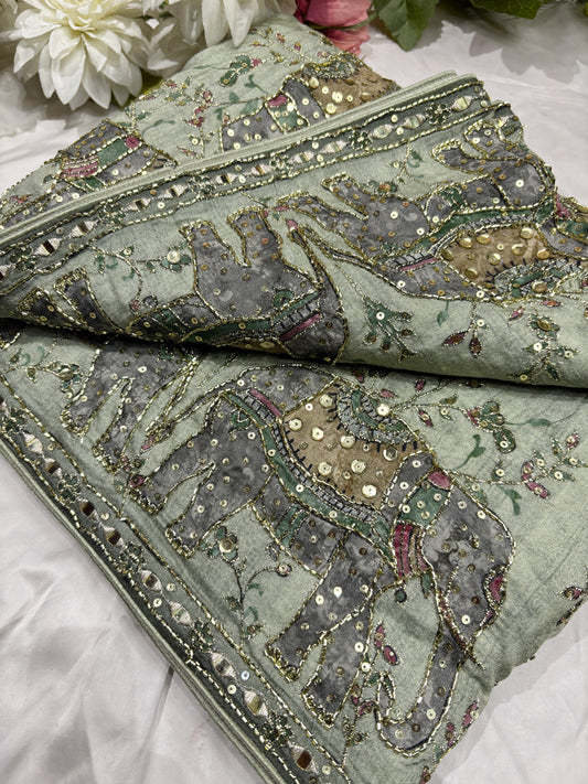 Luxury Green Mirror Work Designer Saree with Heavy Hand Embroidered