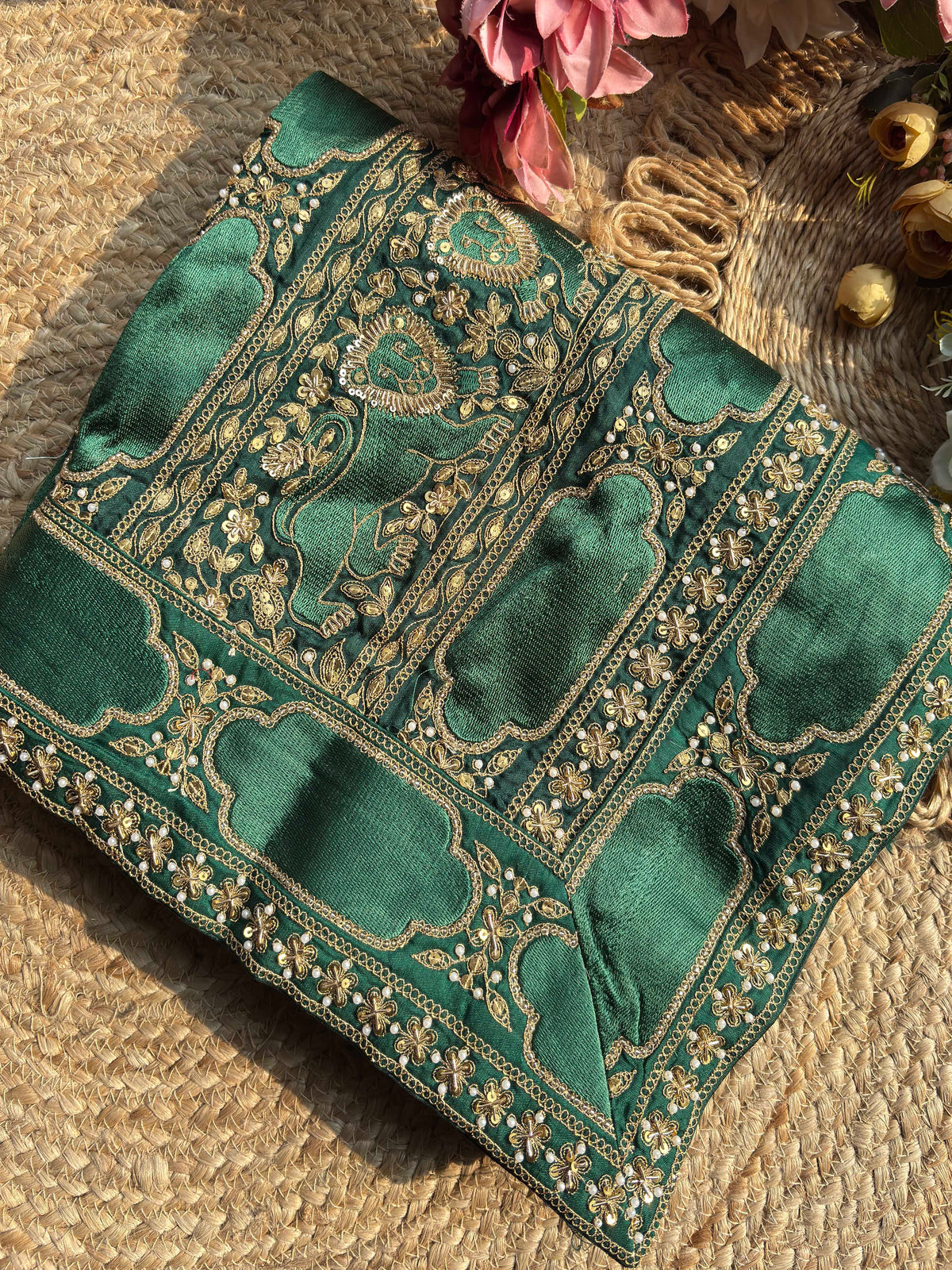 Emerald Green Designer Saree with Gold Floral Embroidery
