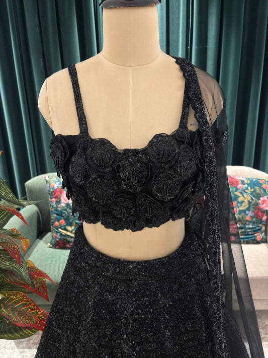 Elegant Black Embroidered Lehenga with Floral Crop Top