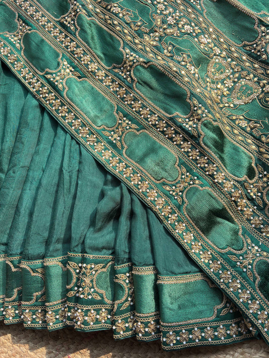 Emerald Green Designer Saree with Gold Floral Embroidery
