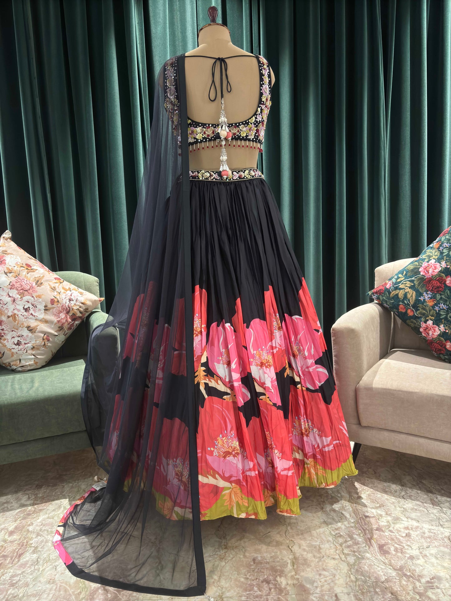 Floral Print Black Lehanga with Sequins & Knotting Work