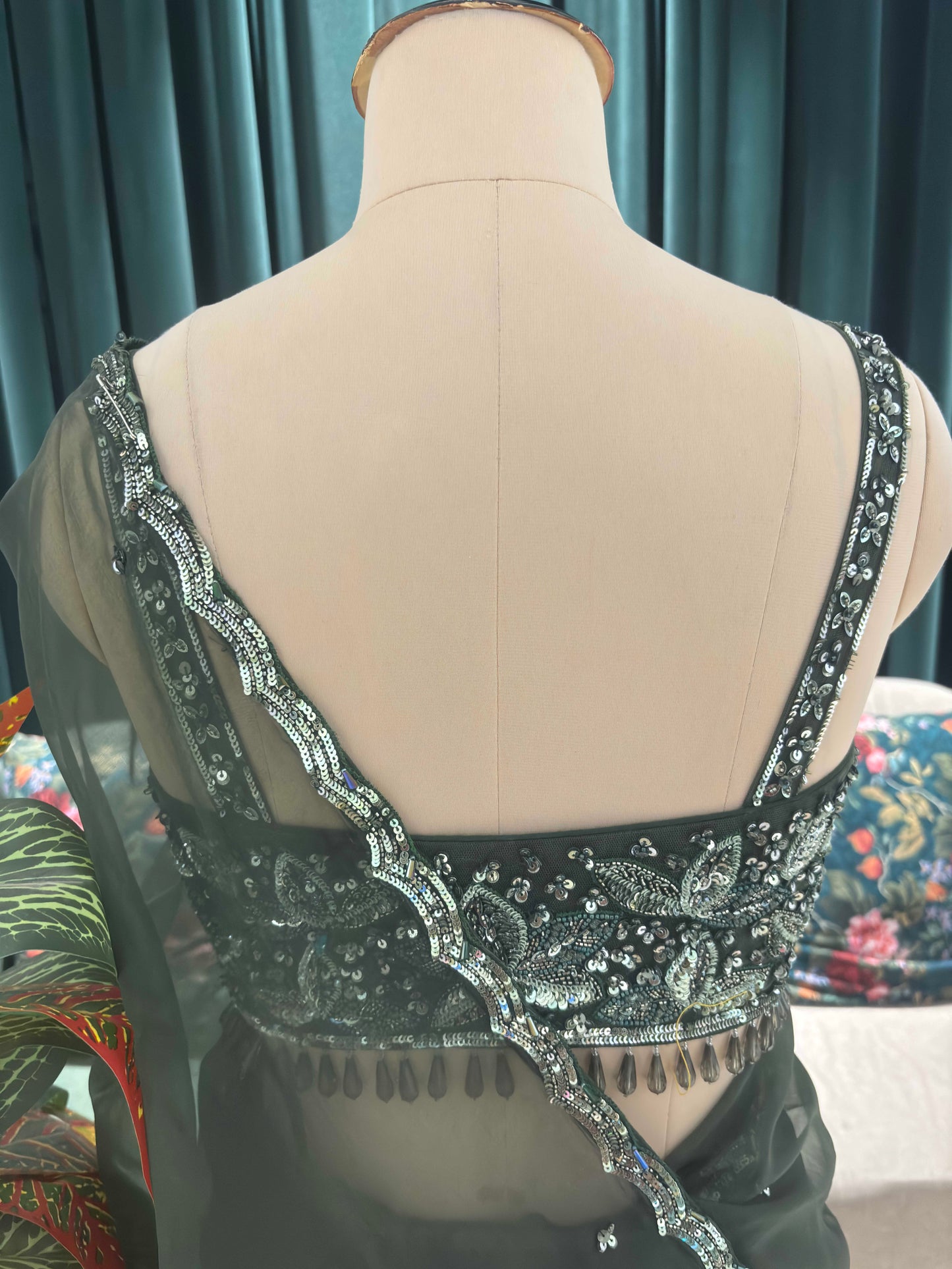 Bottle Green Net Saree with Sequin Embroidered Border